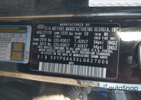 2020 Kia Sorento 2.4L Lx z USA, uszkodzony, nr VIN 5XYPG4A3XLG627006